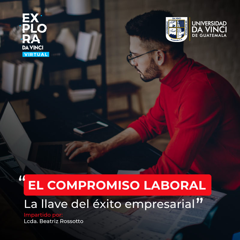 Imagen de un joven con camisa roja frente a una computadora en un cuarto con un degrade en color negro con transparencia con el texto el compromiso laboral la llave del éxito empresarial.