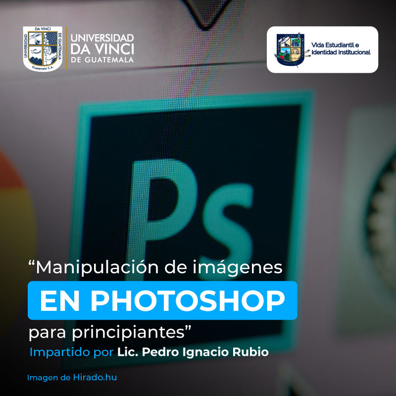 Imagen de el logotipo del programa Adobe photoshop con un degradado en negro con transparencia con el texto Manipulación de imágenes en photoshop para principiantes.