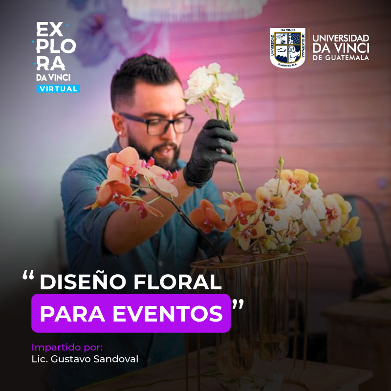 Fotografía de joven profesional, armando un arreglo de flores con un degrado en negro con transferencia por encima con el nombre del evento diseño floral para eventos.