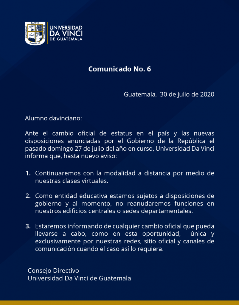 Comunicado Universidad Da Vinci de Guatemala