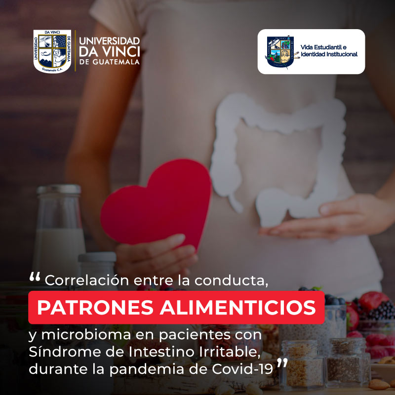 Imagen plano americano de una mujer sosteniendo un corazón y un intestino grueso hechos de papel, detrás de una mesa llena de alimentos con el texto correlación entre la conducta, patrones alimenticios y microbioma en pacientes con síndrome de intestino irritable durante la pandemia de covid-19.