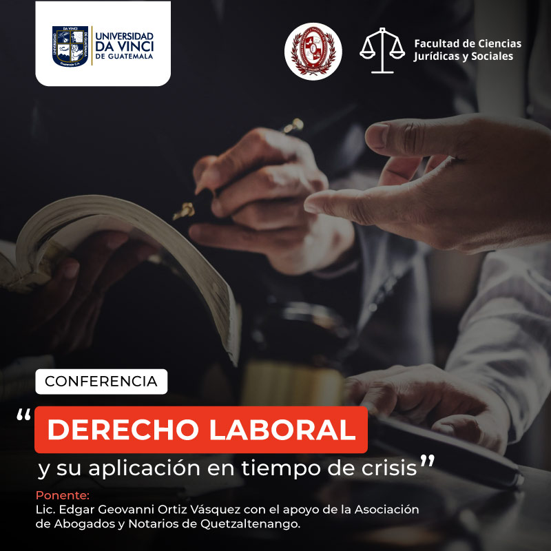 Imagen de primer plano de unas manos una frente a la otra en posición de discusión, una sostiene una pluma frente a un libro, con un degradado en negro y transparencia sobre la imagen con el texto conferencia Derecho laboral y su aplicación en tiempo de crisis.