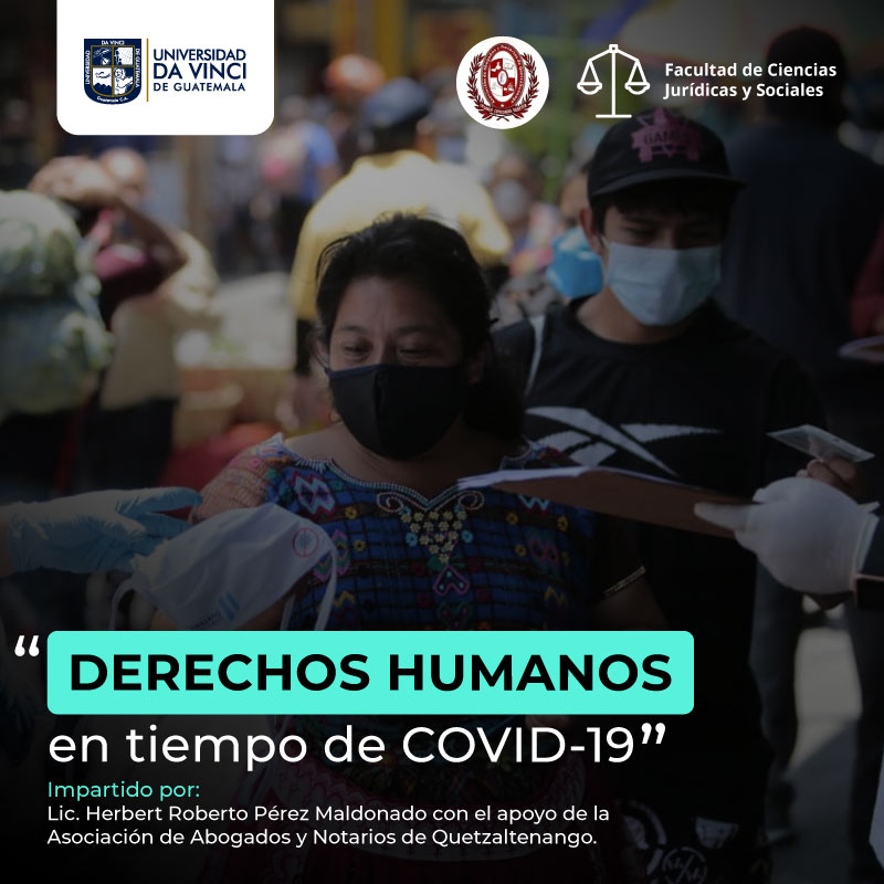 Fotografía de file de personas con mascarillas recibiendo víveres, con un degrade en negro y transparencia sobre ella, con el texto del evento Derechos Humanos en tiempo de COVID-19.