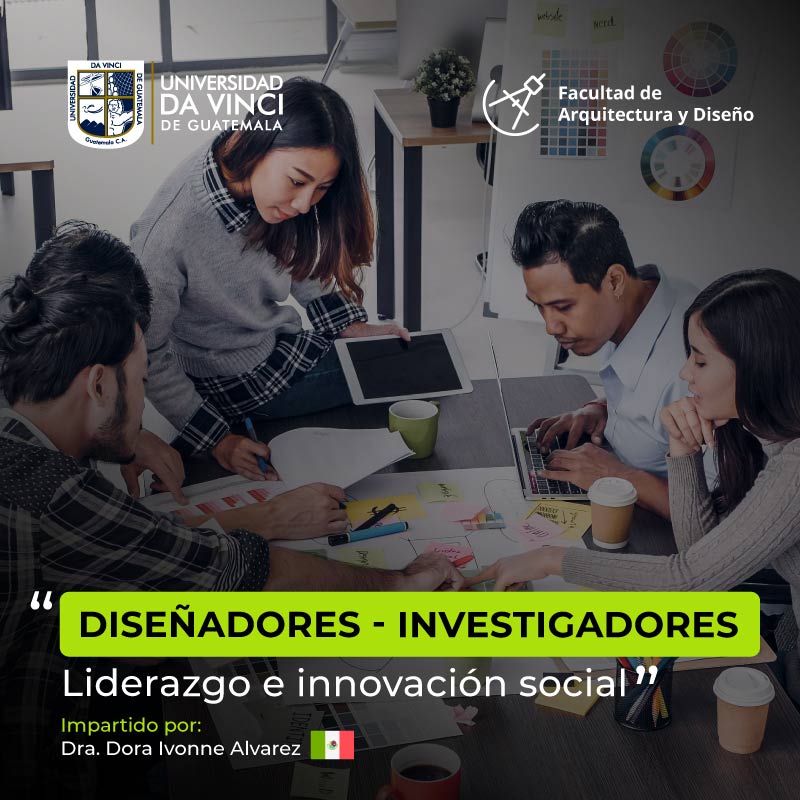 Imagen de un grupo de jóvenes al rededor de una mesa, en actividad de planeación, con un degrade de negro con transparencia sobre la imagen, con el texto del evento Diseñadores-investigadores Liderazgo e innovación social.