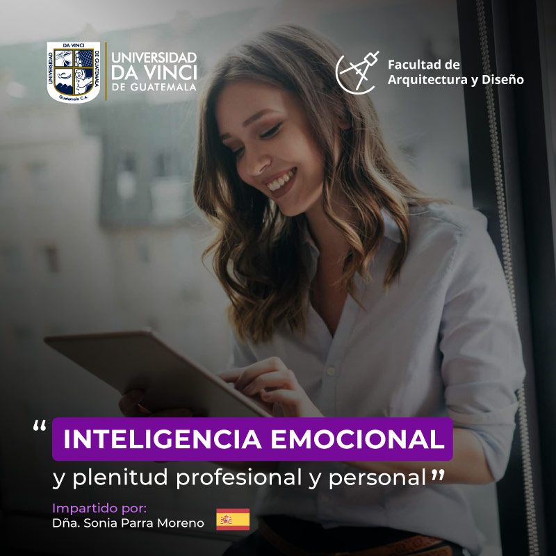 Imagen en plano medio de una mujer sentada utilizando una tablet con el texto inteligencia emocional y plenitud profesional y personal.