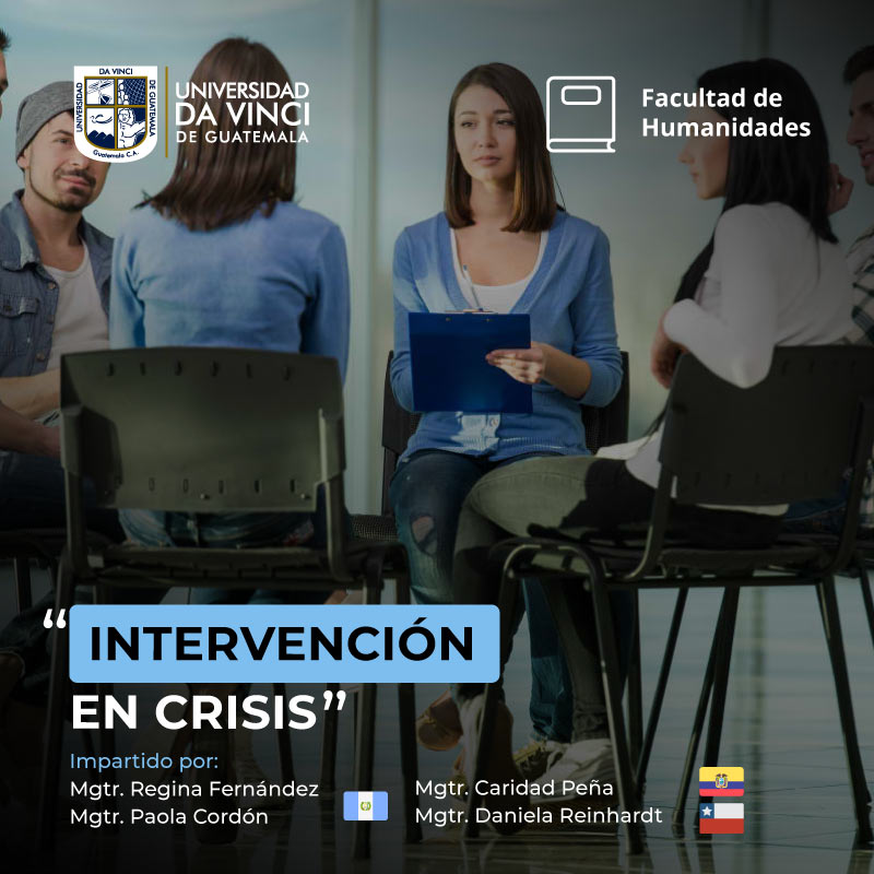 Imagen de un grupo de apoyo sentados en un circulo cerrado en sesión, con un degradado en negro y transparencia sobre ella con el texto intervención en crisis.