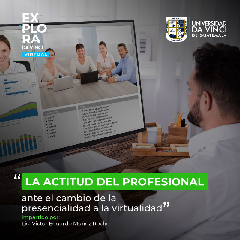 Imagen de primer plano de un hombre frente al monitor de una computadora de escritorio teniendo una reunión virtual por videoconferencia con el texto la actitud del profesional ante el cambio de la presencialidad a la virtualidad.