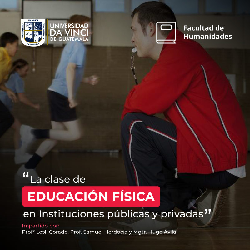 Imagen de un profesor de física sobre una de sus rodillas con un silbato en su boca y en el fondo niños corriendo, con un degradado en negro con transparencia sobre la imagen, con el texto la clase de educación física en instituciones públicas y privadas.