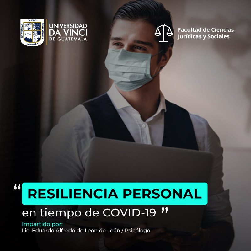 Imagen de un joven con vestimenta formal y mascarilla, con una laptop en las manos con el texto resiliencia personal en tiempos de covid-19.