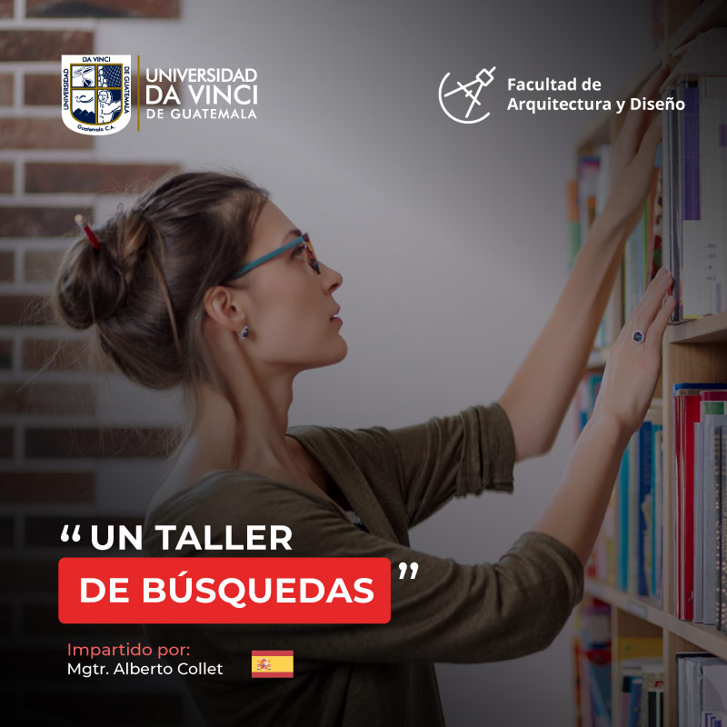 Imagen de una mujer frente a una librera, posando sus manos sobre ella en el acto de leer los títulos de los libros en la librera, con un degradado en negro con transparencia sobre la imagen con el texto un taller de búsquedas.