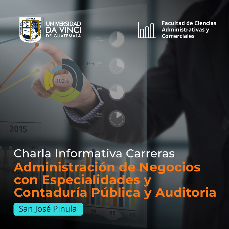 Imagen de primer plano de una mano señalando una pantalla transparente con gráficos, con el texto Charla informativa carreras administración de negocios y contaduría pública y auditoría.