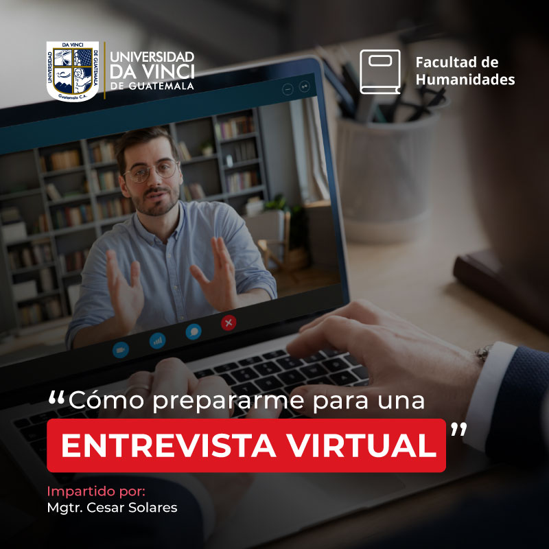 Imagen en primer plano de unas manos sobre el teclado de una laptop, en la pantalla de la laptop se puede visualizar a otra persona hablando en videollamada, con el texto cómo prepararme para una entrevista virtual.