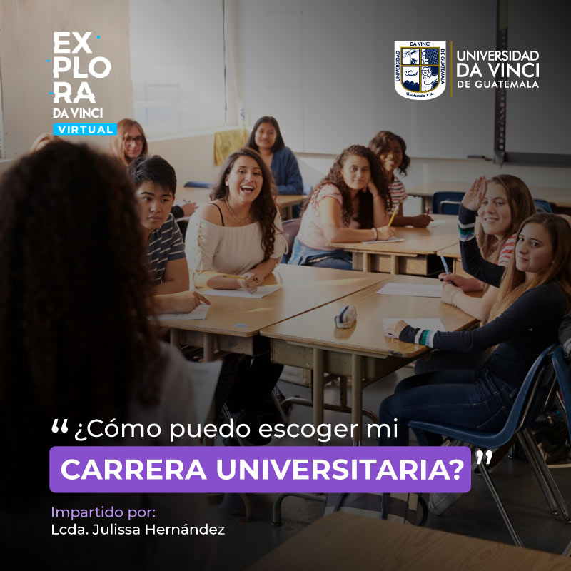 Imagen en plano general de un salón de estudios con jóvenes ocupando los escritorios con el texto ¿Cómo puedo escoger mi carrera universitaria?.