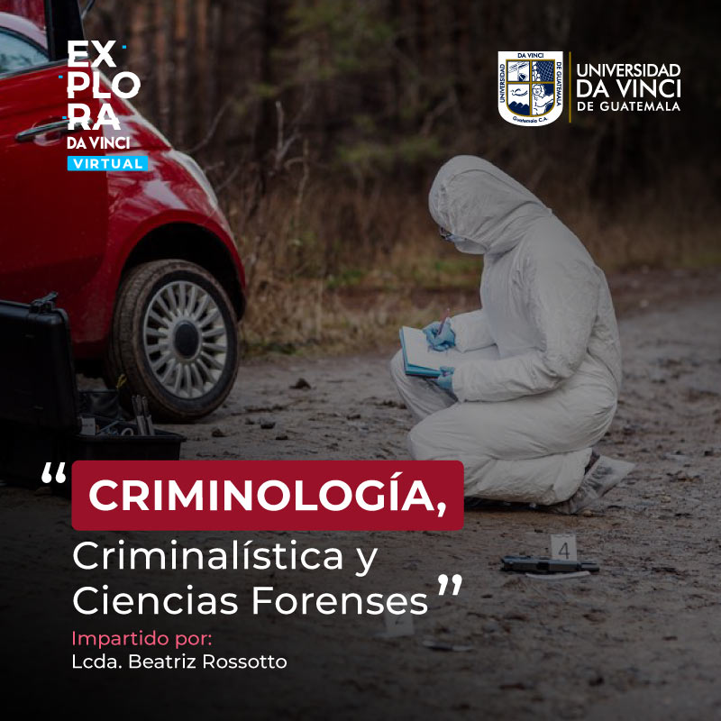 Fotografía de angulo medio de una persona con traje de biosegurdad especial completo de color blanco, de rodillas recabando evidencia sobre una calle, con el texto criminología, criminalística y ciencias forenses.