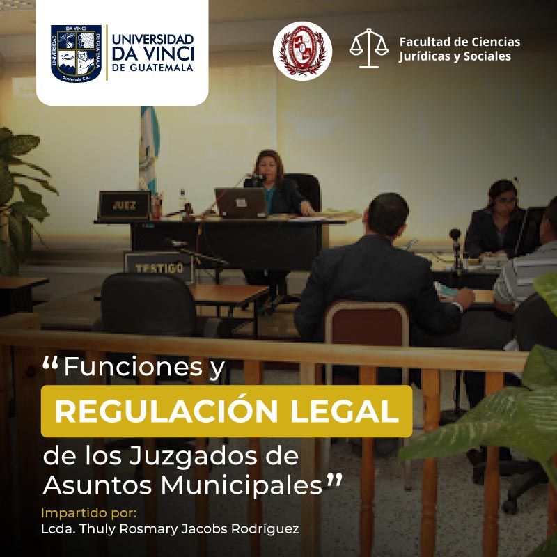 Fotografía de plano panorámico de una sesión en un juzgado con el texto funciones y regulación legal de los juzgados de Asuntos Municipales.