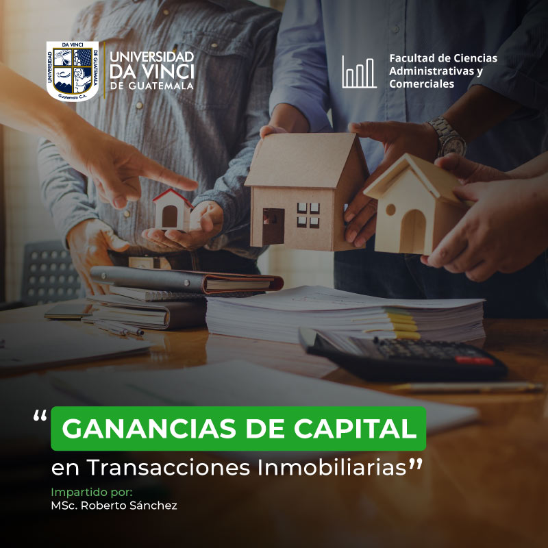 Imagen de primer plano de un grupo de manos señalando un dummy de una casa de madera, sobre una mesa, con el texto ganancias de capital en transacciones inmobiliarias.