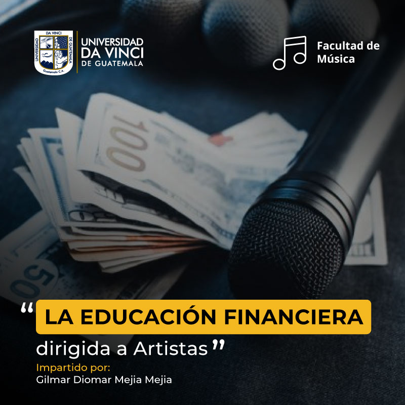 Imagen de plano contrapicado de un grupo de billetes sobre una mesa y un micrófono sobre ellos con el texto la educación financiera dirigida a artistas.