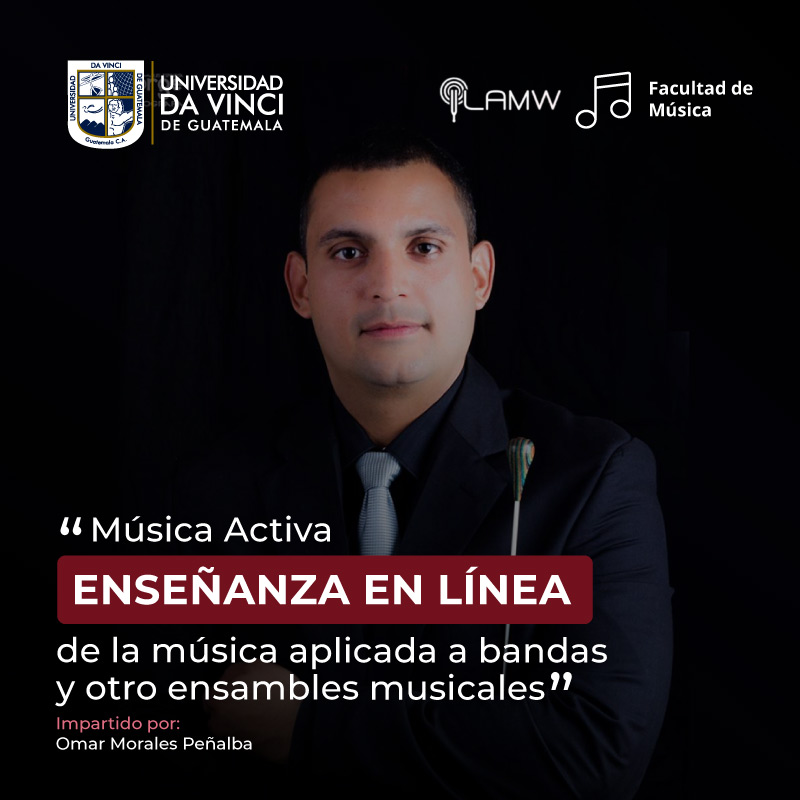 Fotografía profesional de plano medio del músico Omar Morales Peñalba con el texto música activa enseñanza en línea de la música aplicada a bandas y otros ensambles musicales.