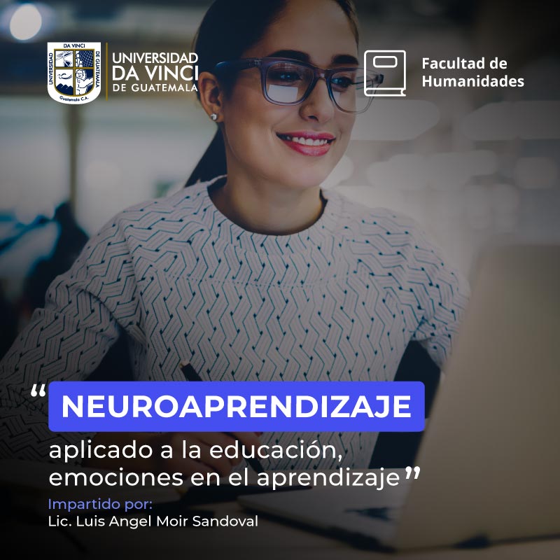 Fotografía de plano medio de una joven con lentes y una sudadera de puntos blanco con negro sentada frente una laptop, con el texto neuroaprendizaje aplicado a la educación, emociones en el aprendizaje.