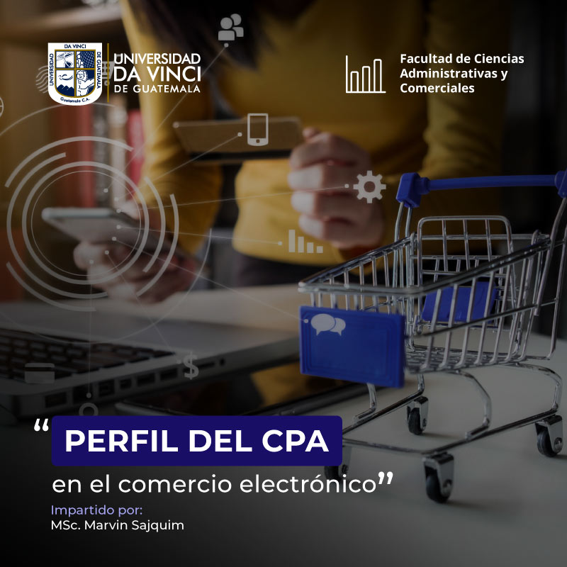 Fotografía de primer plano de dos manos una sostiene una tarjeta de crédito y un celular, debajo se encuentra una meso con una laptop y documentos encima, con el texto perfil del CPA en el comercio electrónico.