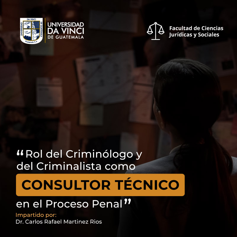 Imagen de primer plano con un joven de pie frente a un tablero con diferentes papeles en el, con el texto rol del criminólogo y del criminalista como consultor técnico en el proceso penal.