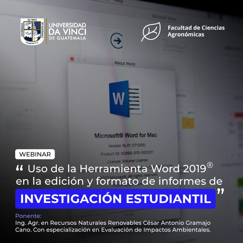 Fotografía de primer plano de la pantalla de una laptop con la ventana de safari abierta y la descarga del programa microsoft word en progreso, con el texto webinar uso de la herramienta word 2019 en la edición y formato de informes de investigación estudiantil.