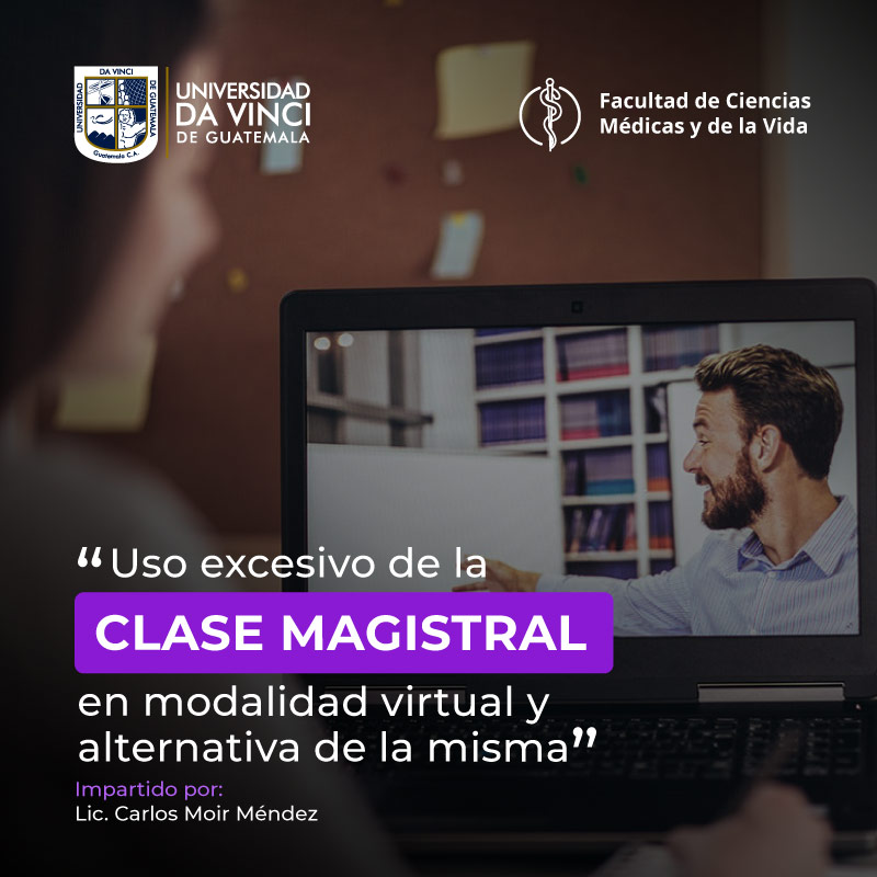 Fotografía de primer plano de una joven sentada frente a una laptop, recibiendo clases presenciales, con el texto uso excesivo de la clase magistral en modalidad virtual y alternativas de la misma.