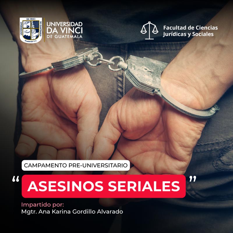 Imagen de primer plano de dos manos esposadas con esposas policiales con el texto asesinos seriales.