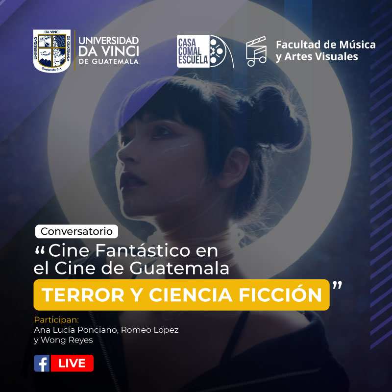 Imagen compuesta de una animación de mujer con un aro de luz al fondo de ella con el texto cine fantástico en el cine de Guatemala terror y ciencia ficción.