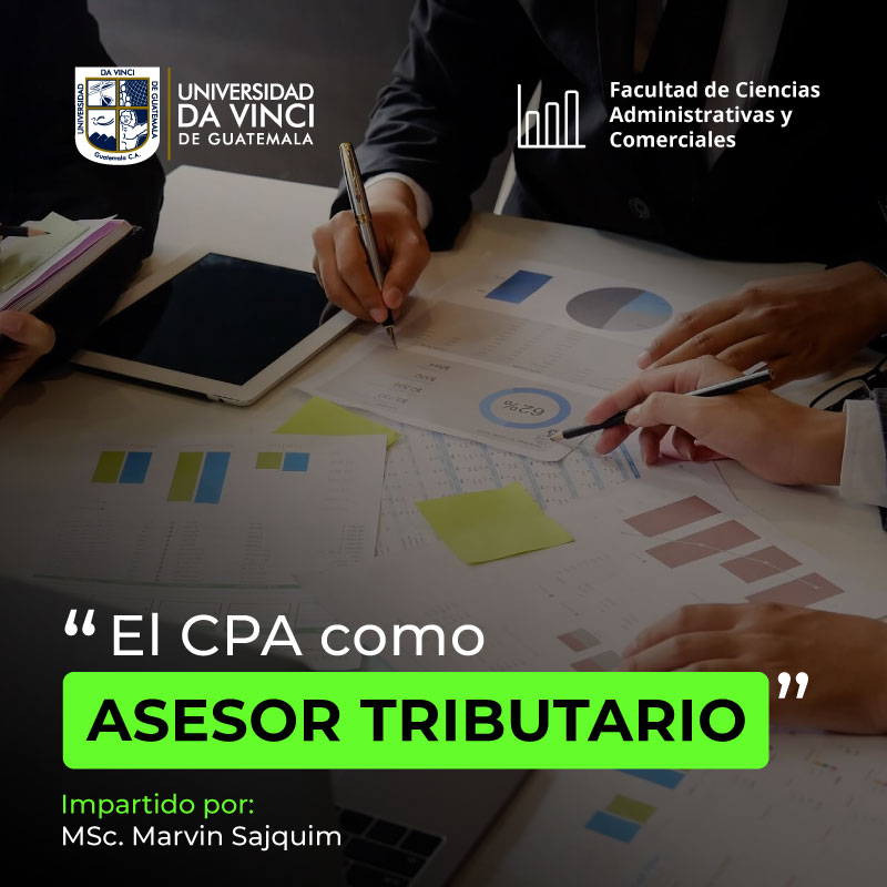 Imagen en plano contrapicado de una mesa con diferentes manos señalando gráficas sobre la mesa, con el texto el CPA como asesor tributario.