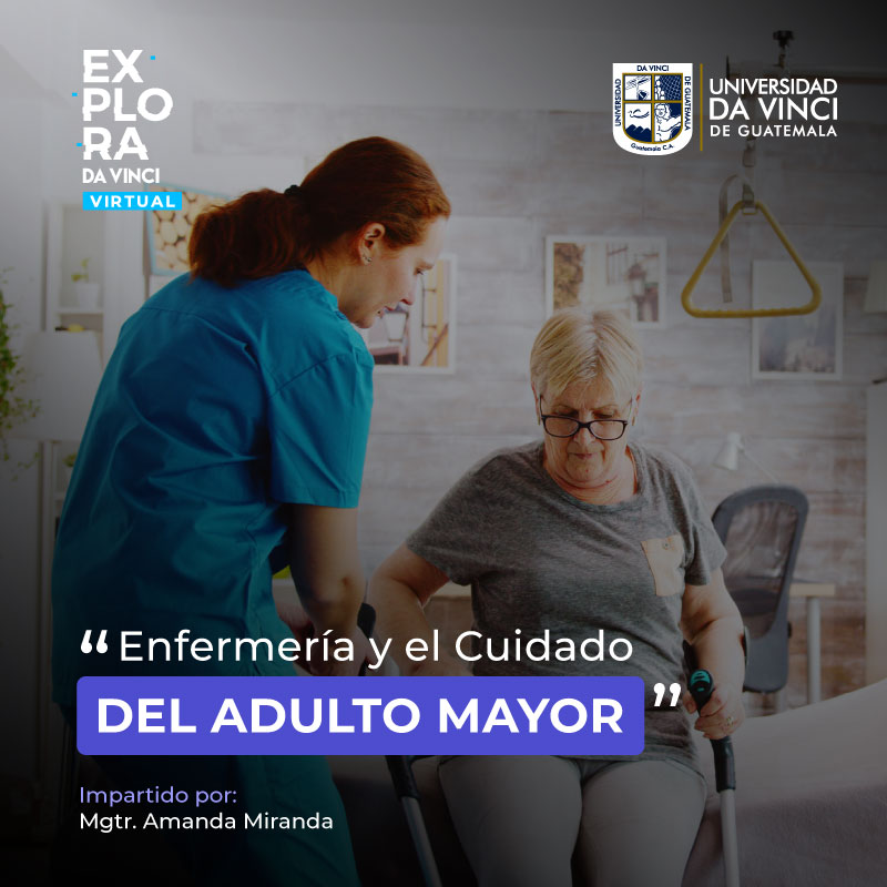 Imagen en plano general de una habitación con una enfermera apoyando a bajar de la cama a una persona de la tercera edad con el texto enfermería y el cuidado del adulto mayor.