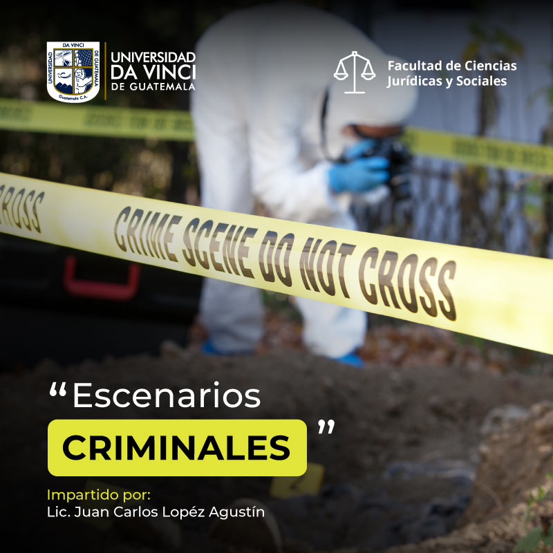 Imagen en plano medio de un profesional de la criminología y criminalística tomando fotos de una escena del crimen rodeada por una cinta amarilla de precaución con el texto escenarios criminales.