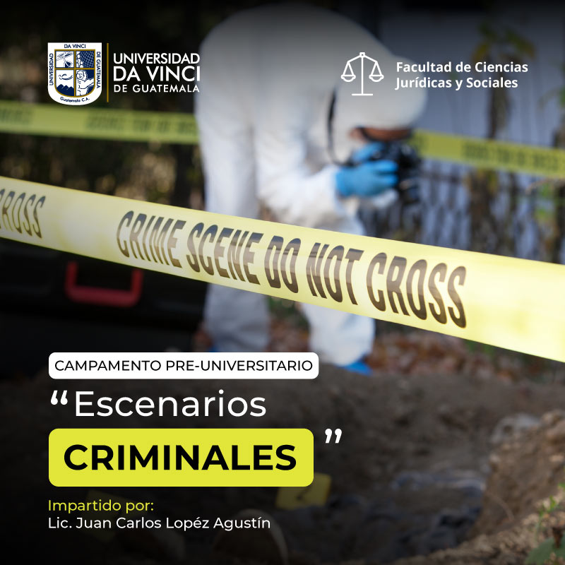 Imagen en plano medio de un profesional de la criminología y criminalística tomando fotos de una escena del crimen rodeada por una cinta amarilla de precaución con el texto escenarios criminales.