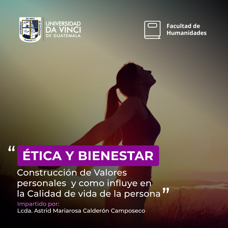 Fotografía de una silueta femenina a contraluz realizando estiramientos con la vista al cielo con el texto ética y bienestar construcción de valores personales y como influyen en la calidad de vida de la persona.