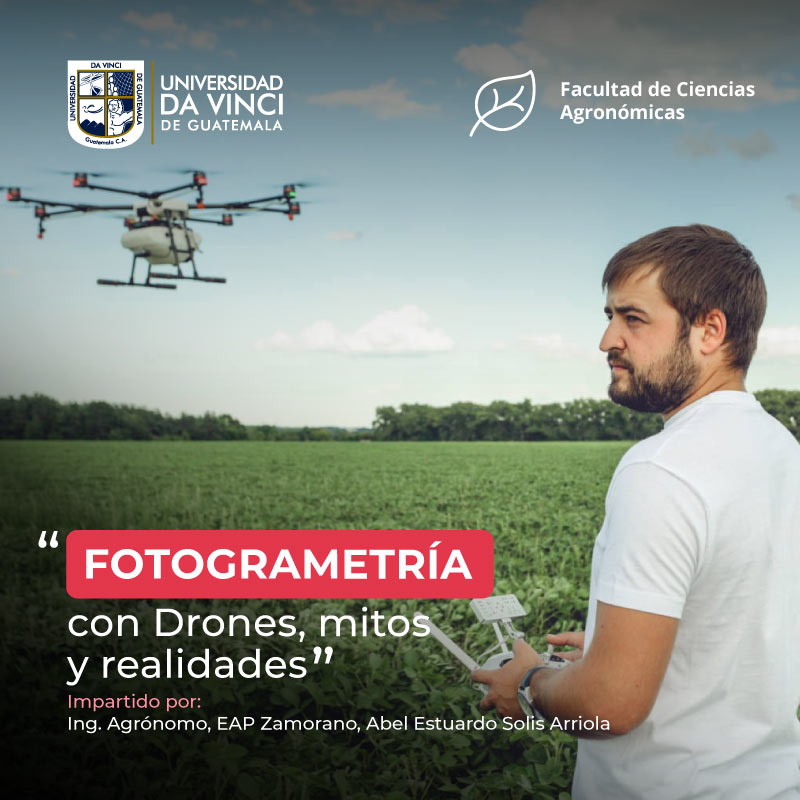 Imagen de un joven manejando un dron sobre un terreno con el texto fotogrametría con drones, mitos y realidades.