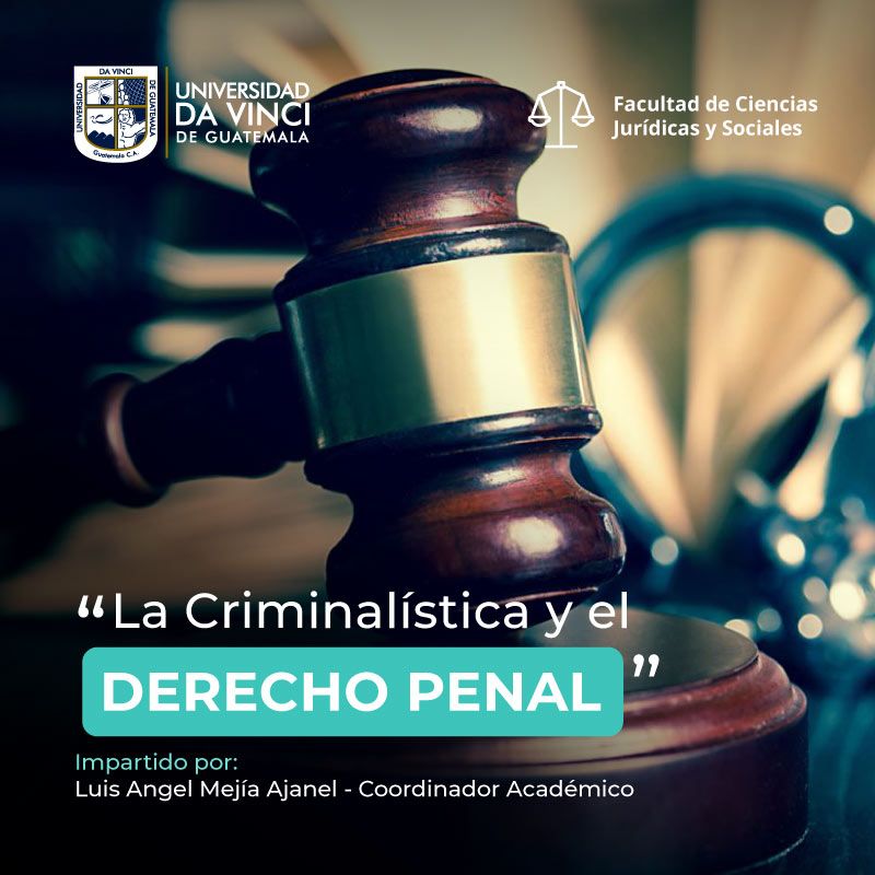 Imagen de primer plano de un mazo de madera con el texto la criminalística y el derecho penal.