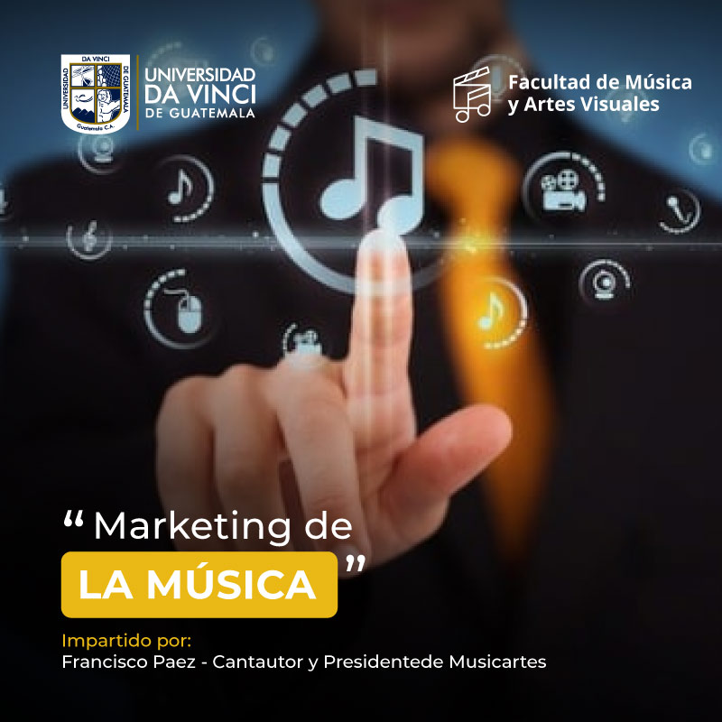 Imagen compuesta de una persona con un dedo tocando una pantalla táctil sobre el icono de nota musical con el texto marketing de la música.