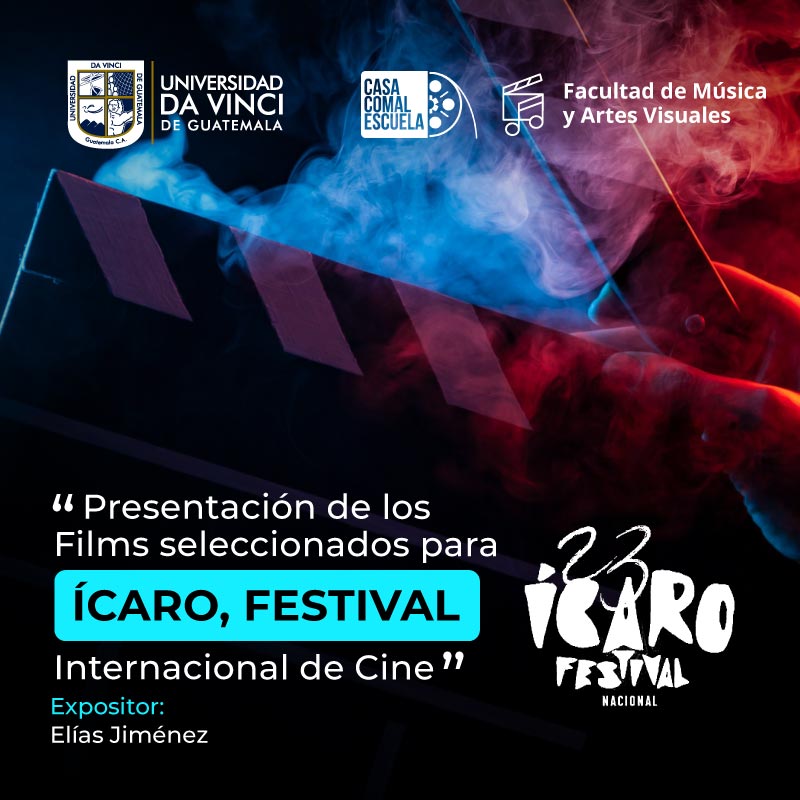 Imagen compuesta de un par de manos sosteniendo una claqueta en un fondo negro con efectos de humo y luces de colores azul y rojo con el texto presentación de los films seleccionados para ícaro, festival internacional de cine.