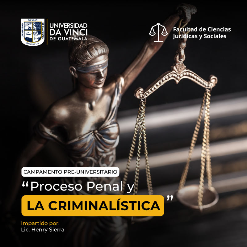 Imagen de primer plano de una estatuilla de la dama de la justicia. con el texto campamento preuniversitario proceso penal y la criminalística.