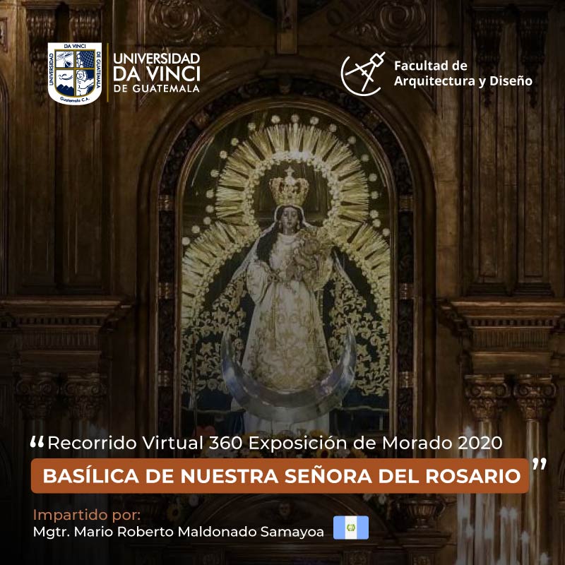 Fotografía de la imagen de la Virgen del Rosario, con el texto Recorrido virtual 360 exposición de morado 2020 basílica de nuestra señora del rosario.