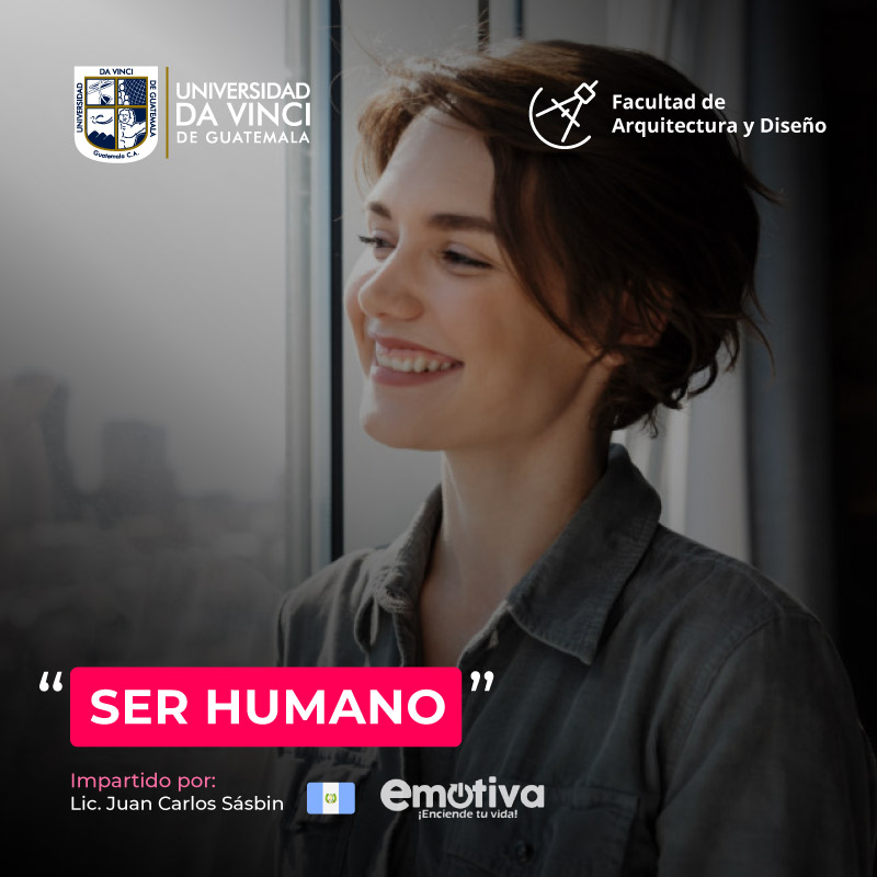 Imagen de primer plano de una joven con traje ejecutivo observando la ciudad desde la ventana de un edificio con el texto ser humano.