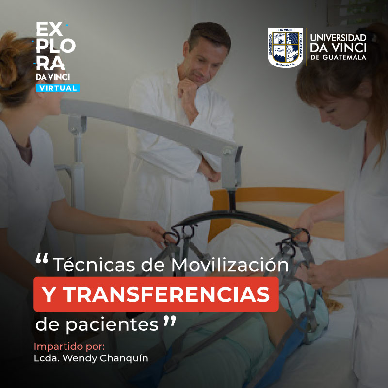 Imagen de un plano amplio de 3 enfermeros preparando a un paciente para hacer un traslado con el texto Técnicas de movilización y transferencias de pacientes.