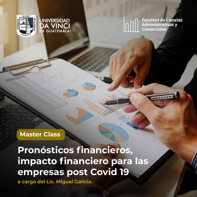 Imagen en primer plano de dos manos sosteniendo un lapicero y analizando una tabla con hojas que contienen gráficas con el texto pronósticos financieros, impacto financiero para las empresas post covid 19.