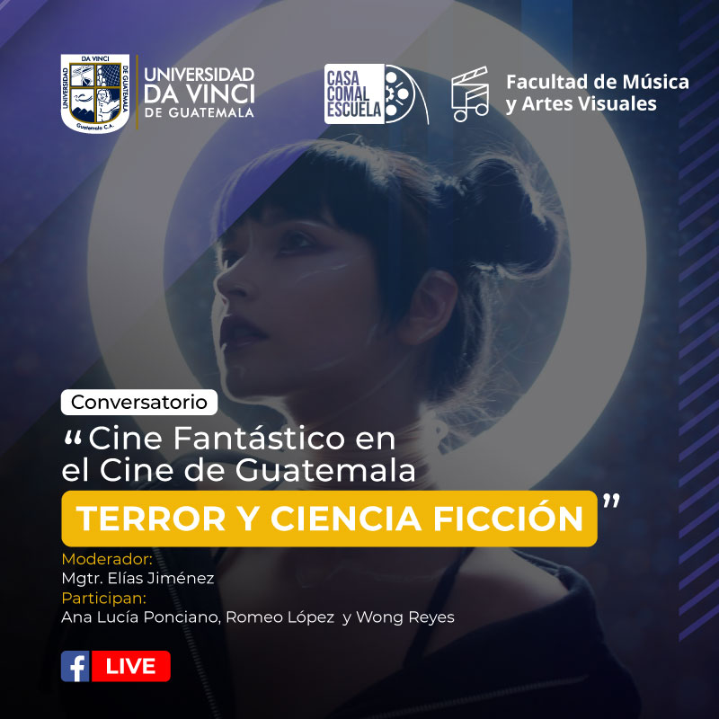 Imagen compuesta de una animación de mujer con un aro de luz al fondo de ella con el texto cine fantástico en el cine de Guatemala terror y ciencia ficción.