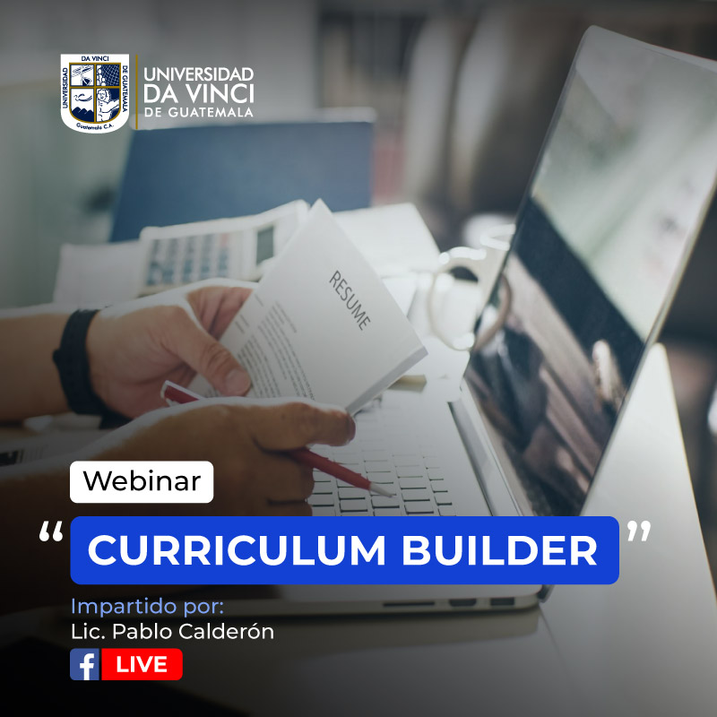 Imagen lateral de una un par de manos frente a una laptop con hojas entre sus manos con el texto webinar curriculim builder.