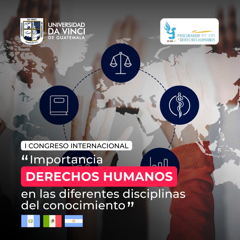 Imagen de jóvenes intervenida con ilustraciones de mapa mundi y diferentes iconos con el texto derechos humanos multidisciplinario.