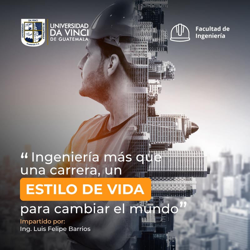 Imagen compuesta de un ingeniero con efecto de exclusión aparece una ciudad con el texto ingeniería más que una carrera un estilo de vida para cambiar el mundo.