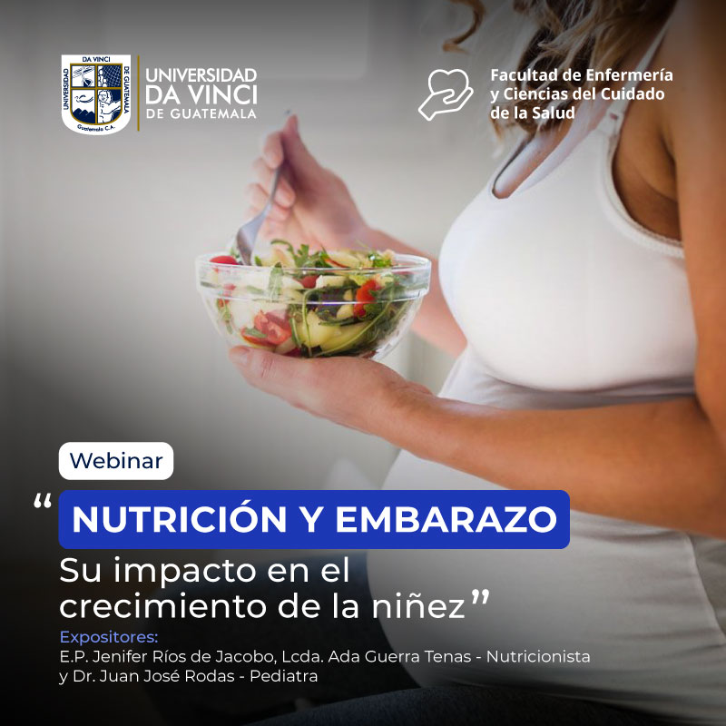 Imagen de plano medio de una embarazada con un bowl de ensalada en una mano y la otra con un tenedor recogiendo un bocado de ensalada con el texto nutrición y embarazo su impacto en el crecimiento de la niñez.