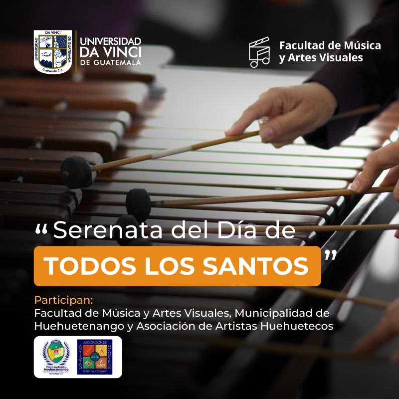 Imagen de ángulo picado de una marimba con unas manos sosteniendo unas vaquetas con las que tocan la marimba con el texto serenata del día de todos los santos.