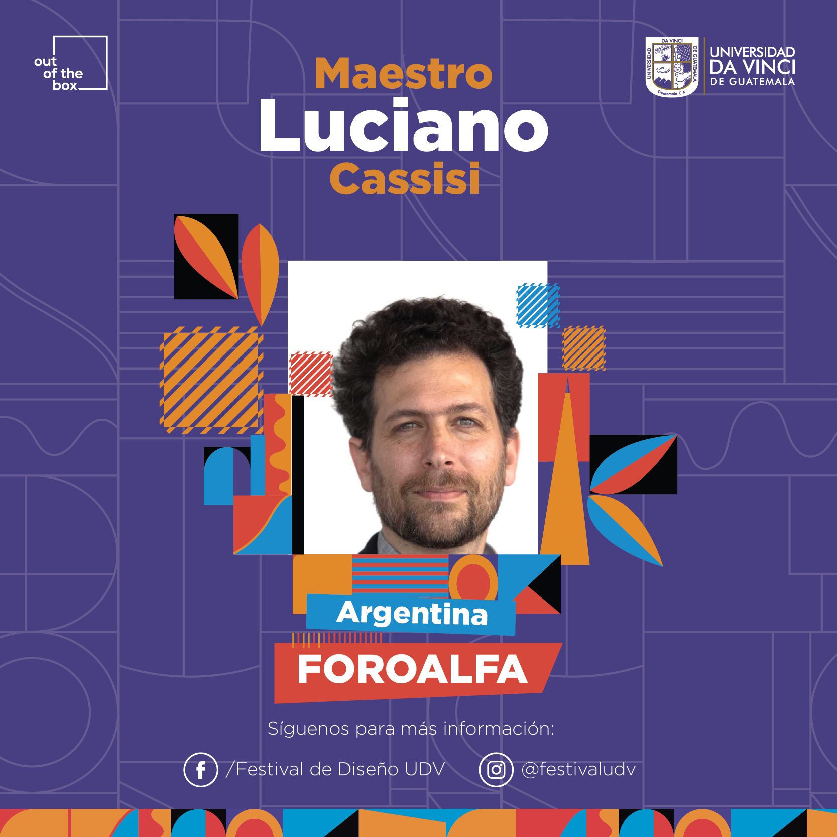 Imagen compuesta con la foto del profesional Maestro Luciano Cassisi en un fondo color morado con grafismos de color mostaza, azul, negro, rosado con el texto foroalfa.